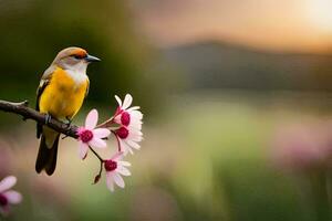 uma amarelo pássaro senta em uma ramo com Rosa flores gerado por IA foto