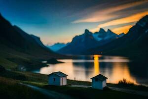 foto papel de parede a céu, montanhas, lago, casa, a montanhas, a montanhas, a montanhas. gerado por IA