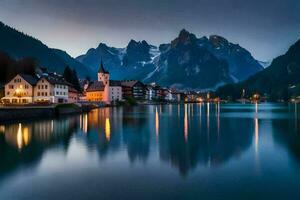 a Cidade do Altenburg dentro a Alpes às crepúsculo. gerado por IA foto