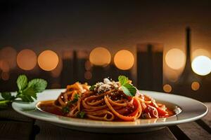 uma prato do espaguete com tomate molho e parmesão queijo em uma de madeira mesa. gerado por IA foto