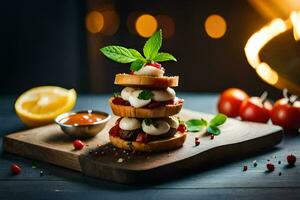 uma pilha do pão com queijo e tomates. gerado por IA foto