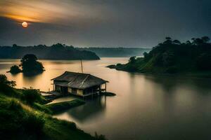 uma pequeno cabana senta em a costa do uma lago às pôr do sol. gerado por IA foto