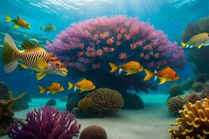 embaixo da agua cena com peixe e coral. gerado por IA foto