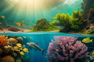 embaixo da agua cena com coral recife e peixe. gerado por IA foto