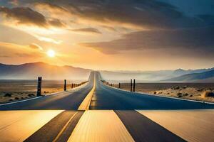 uma grandes estrada dentro a deserto com a Sol contexto. gerado por IA foto