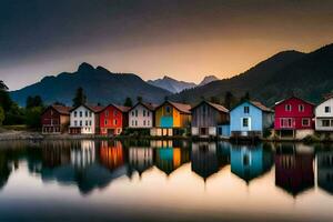 colorida casas em a lago às pôr do sol. gerado por IA foto