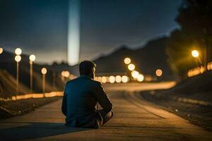 uma homem sentado em a lado do a estrada às noite. gerado por IA foto