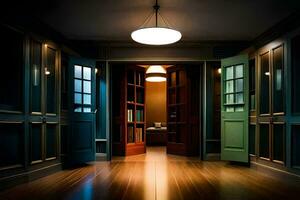 uma corredor com de madeira pavimentos e luz chegando a partir de a porta. gerado por IA foto