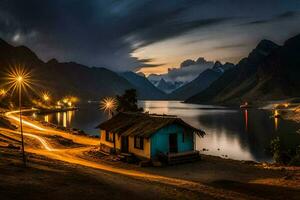 uma pequeno cabine senta em a lado do uma lago às noite. gerado por IA foto