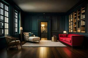 uma vivo quarto com Sombrio madeira paredes e uma vermelho sofá. gerado por IA foto