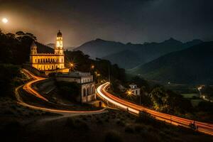 uma Igreja e uma montanha dentro a fundo. gerado por IA foto