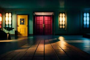 uma quarto com colorida luzes e uma porta. gerado por IA foto