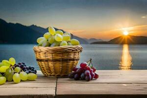 uvas dentro uma cesta em uma mesa com uma lago dentro a fundo. gerado por IA foto