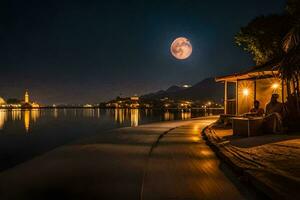 uma cheio lua sobre a água às noite. gerado por IA foto