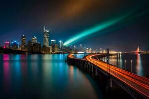 a cidade Horizonte às noite com luzes em a ponte. gerado por IA foto