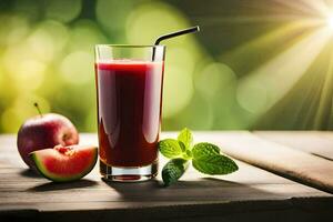 uma vidro do suco com uma fatia do Melão e uma hortelã folha. gerado por IA foto