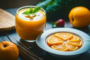 uma tigela do laranja suco com fatias do laranja e uma colher. gerado por IA foto