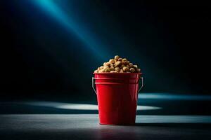 uma vermelho balde preenchidas com amendoim em uma Sombrio mesa. gerado por IA foto