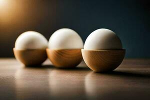 três ovos dentro de madeira ovo copos em uma mesa. gerado por IA foto