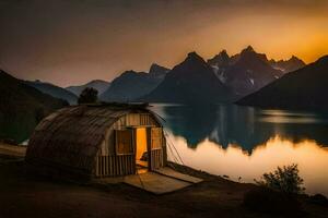 uma cabana dentro a montanhas. gerado por IA foto