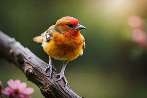 uma pequeno laranja pássaro é empoleirado em uma ramo. gerado por IA foto