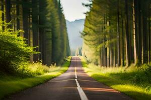 uma grandes estrada dentro a meio do uma floresta. gerado por IA foto