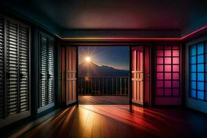 a aberto porta com uma Visão do a Sol brilhando através a janela. gerado por IA foto