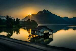 a Sol sobe sobre uma lago e uma pequeno casa dentro a montanhas. gerado por IA foto