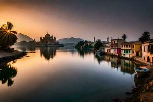 a Sol sobe sobre uma lago dentro Índia. gerado por IA foto