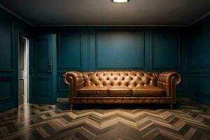 uma couro sofá dentro uma Sombrio quarto com azul paredes. gerado por IA foto