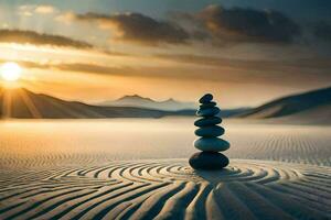 uma pilha do pedras dentro a areia às pôr do sol. gerado por IA foto