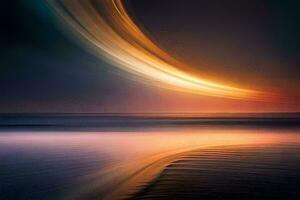 uma grandes exposição fotografia do uma pôr do sol sobre a oceano. gerado por IA foto