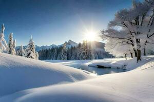 neve coberto árvores e a Sol brilhando sobre uma rio. gerado por IA foto