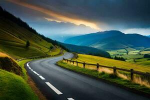 uma cênico estrada dentro a montanhas com uma Sombrio céu. gerado por IA foto