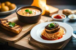 uma de madeira mesa com Comida e uma fogo. gerado por IA foto