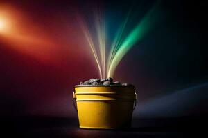 uma balde preenchidas com carvão em uma Sombrio fundo. gerado por IA foto