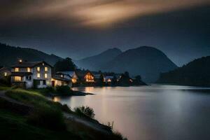 uma lago e casas dentro a montanhas às noite. gerado por IA foto