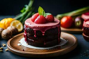 uma bolo com morangos e chocolate em topo. gerado por IA foto