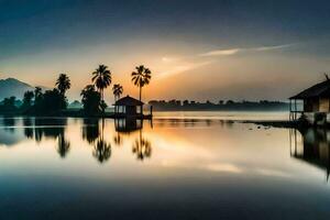 uma lago com Palma árvores e uma casa às pôr do sol. gerado por IA foto