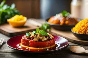 uma prato do Comida com tomates, arroz e legumes. gerado por IA foto