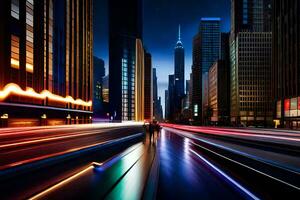 uma cidade rua às noite com luzes e carros. gerado por IA foto