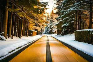 uma Nevado estrada dentro a inverno. gerado por IA foto