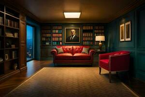uma quarto com uma vermelho sofá e estante. gerado por IA foto