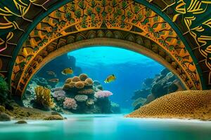a embaixo da agua túnel é decorado com colorida coral. gerado por IA foto