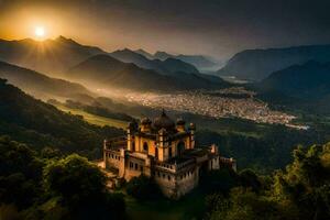 a Sol conjuntos sobre uma castelo dentro a montanhas. gerado por IA foto