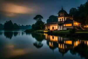uma Igreja é refletido dentro a água às noite. gerado por IA foto