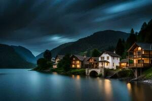 foto papel de parede a céu, montanhas, lago, casas, casa, a escuro, lago, o. gerado por IA