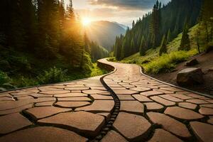 uma pedra caminho dentro a montanhas com a Sol configuração atrás isto. gerado por IA foto