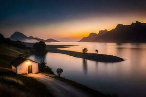 uma pequeno casa senta em a costa do uma lago às pôr do sol. gerado por IA foto