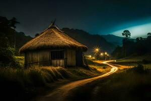 uma estrada conduzindo para uma cabana dentro a meio do a noite. gerado por IA foto